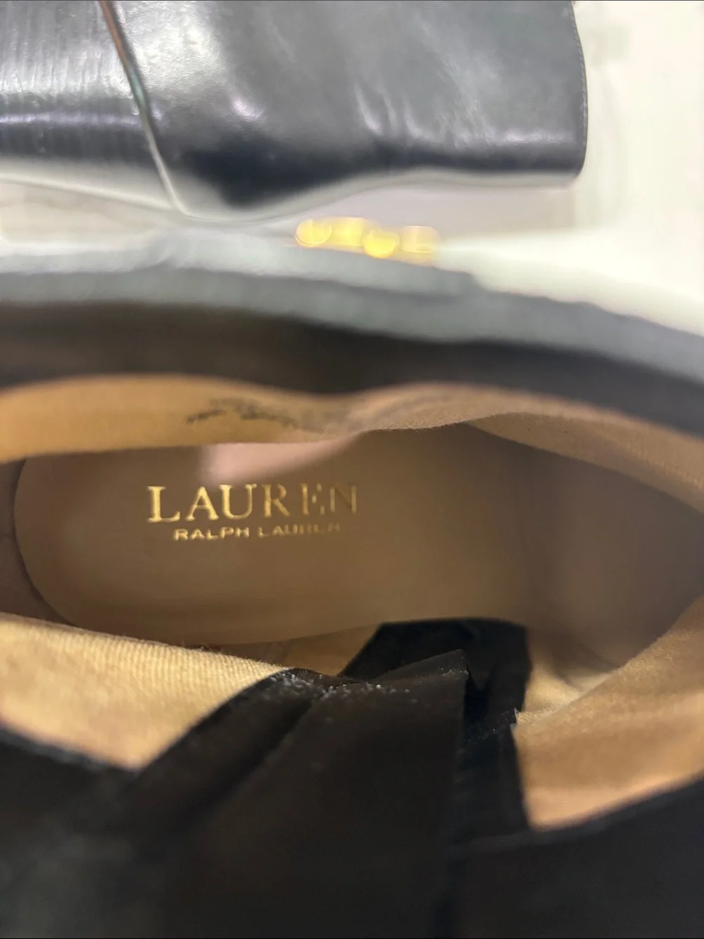 Ralph Lauren Black Leather Wedge Booties with Gold Logo